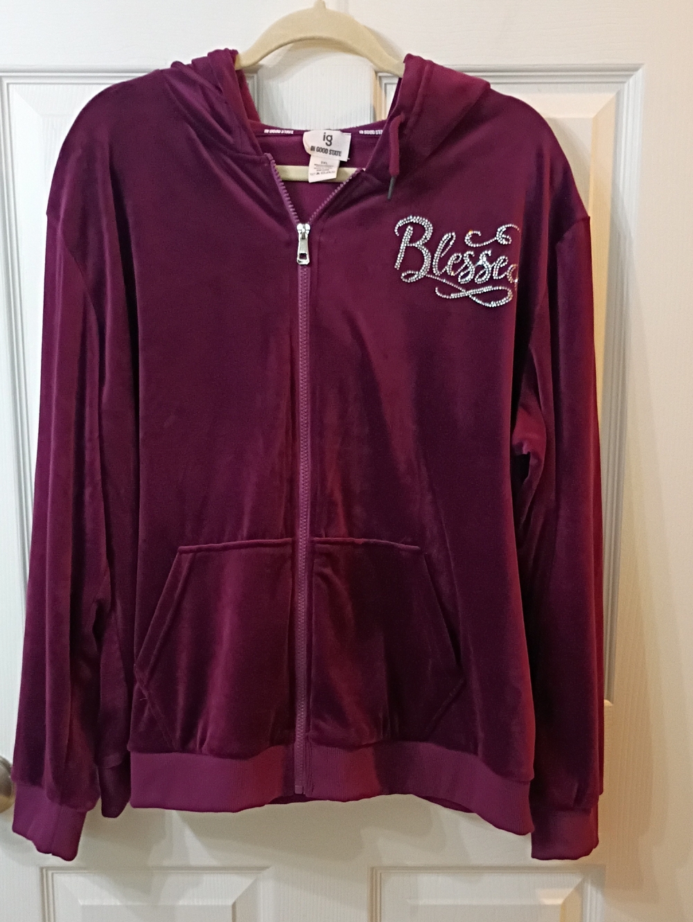 Women's Velour Zip Hoodie with 'Blessed' Rhinestone Detail - Plum